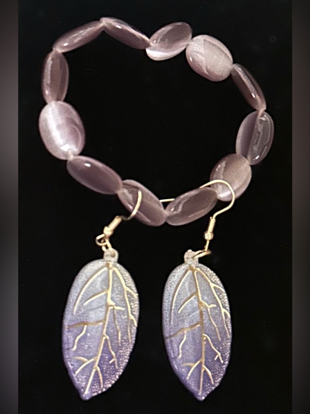 Handcrafted Purple Leaf Drop Earrings and Bracelet Set